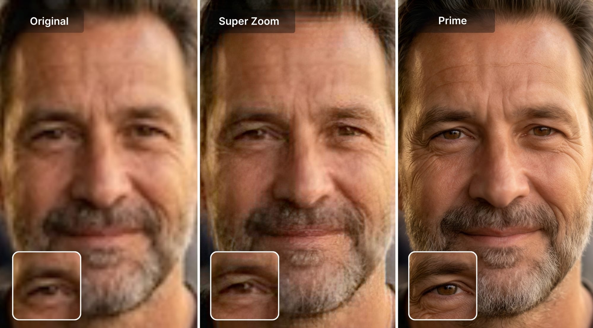 Portrait comparison original, Super Zoom, and Prime outputs