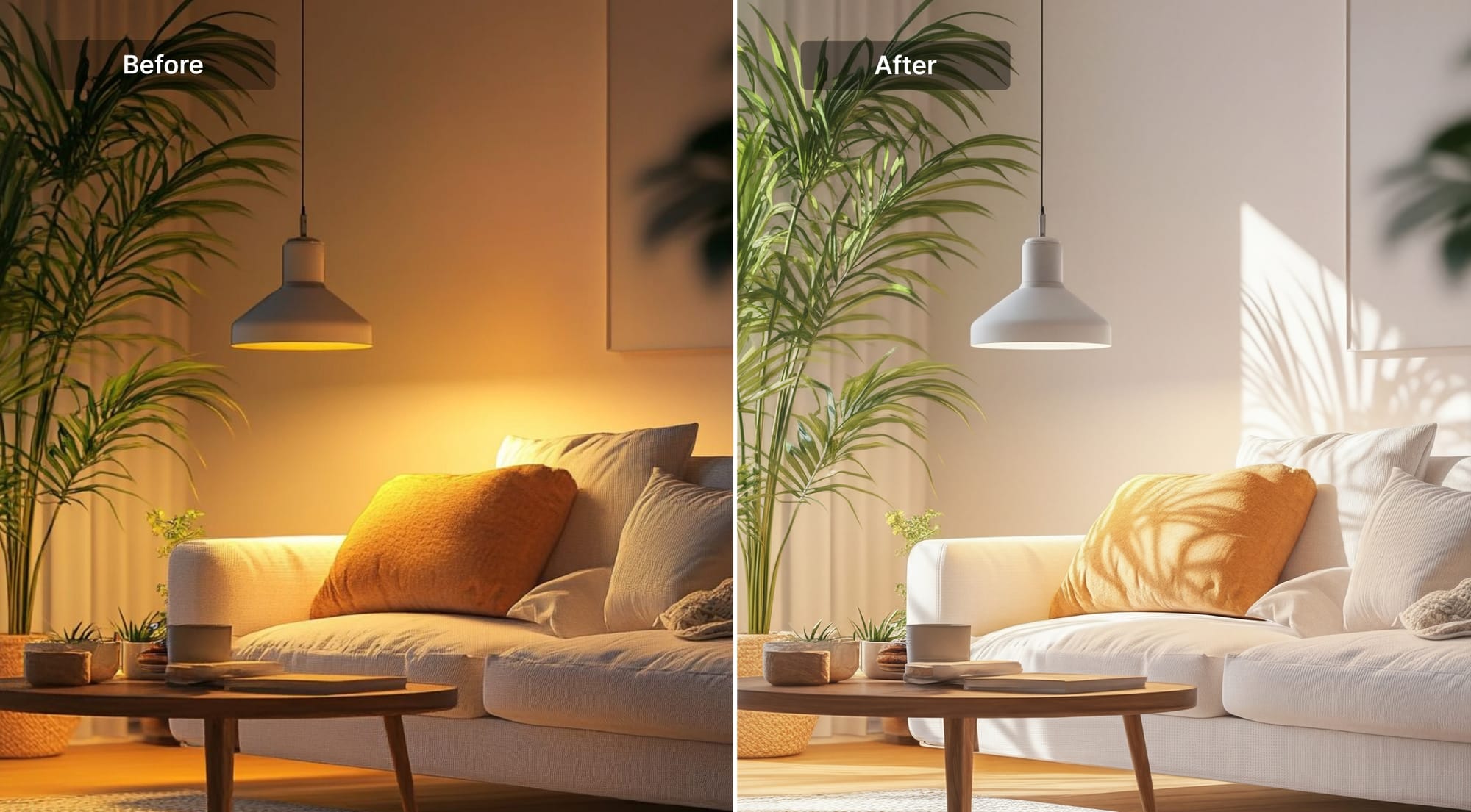 Before and after interior edit with brighter daylight look
