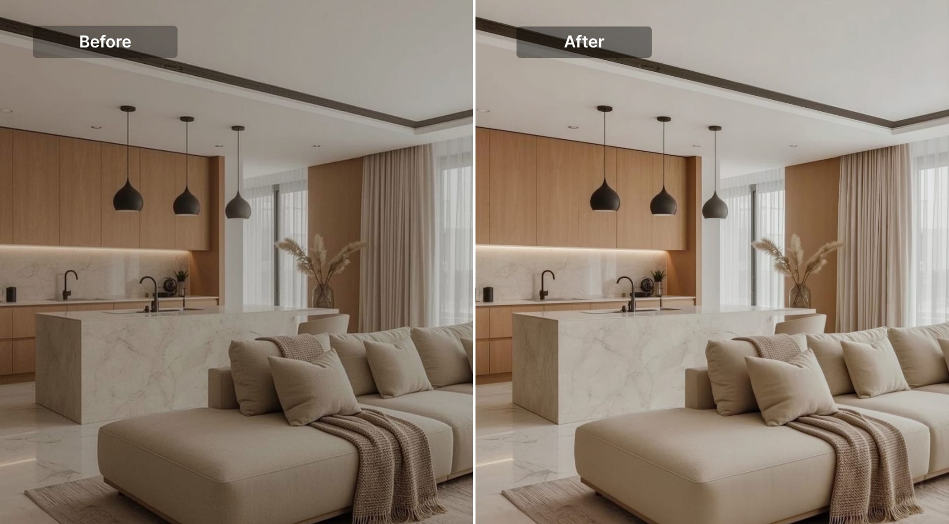Before and after interior photo showing AI lighting correction