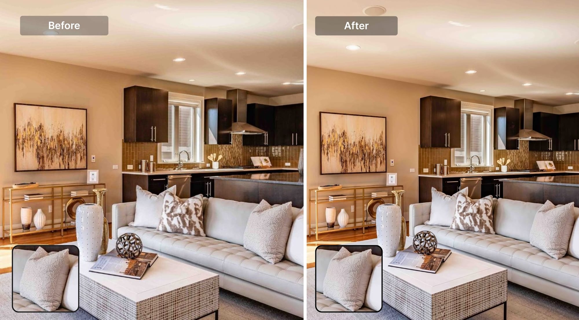 Before and after living room image with sharper detail