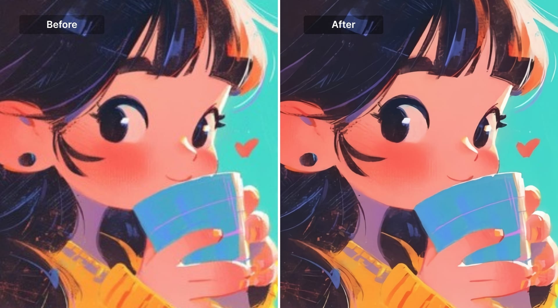 AI-generated illustration before and after upscaling with improved clarity