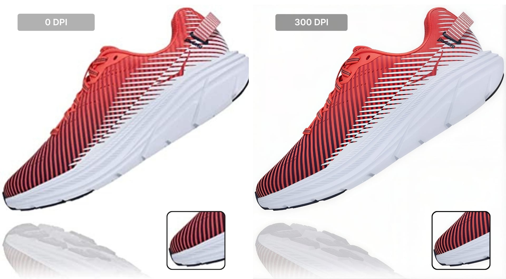 Running shoe image comparing low DPI and 300 DPI output quality