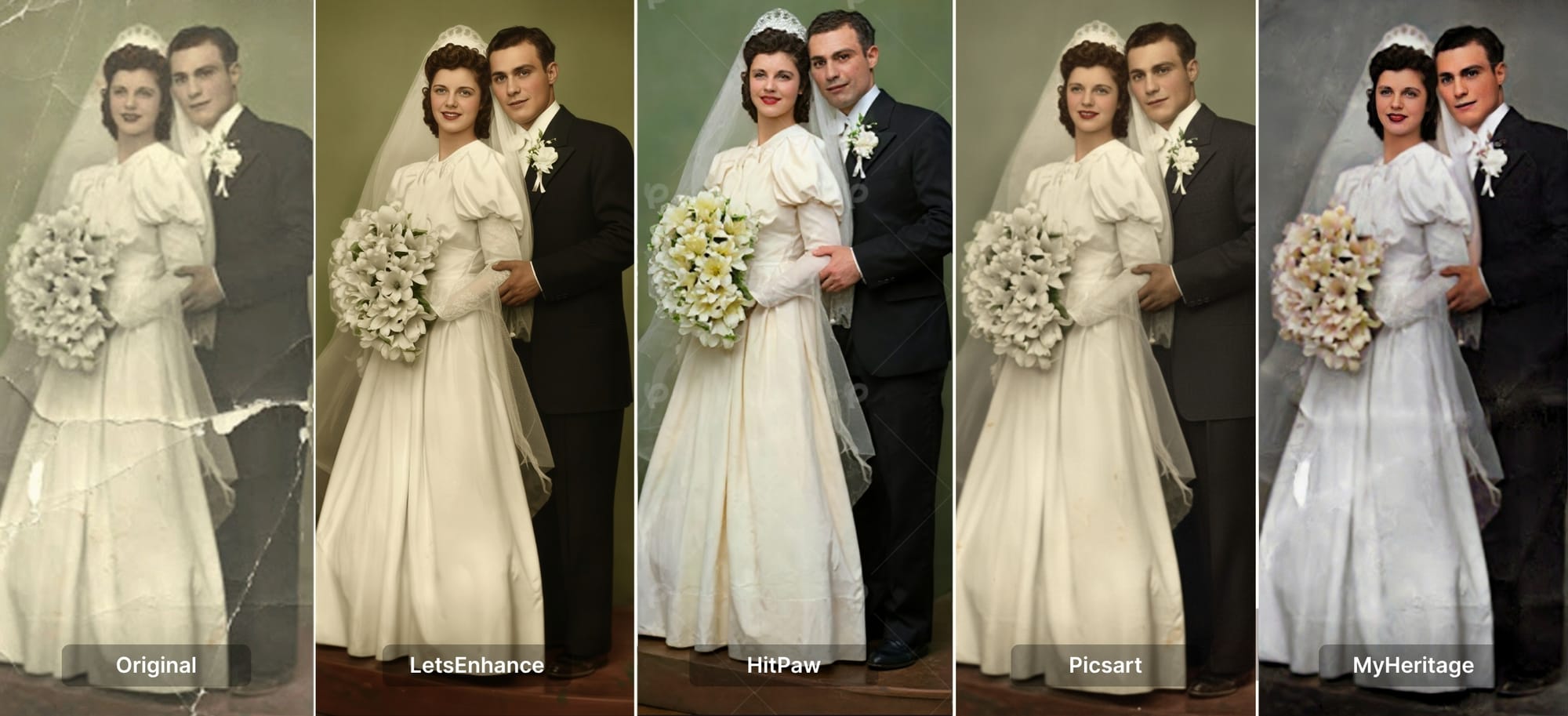Comparison of wedding photo restoration results across multiple AI tools