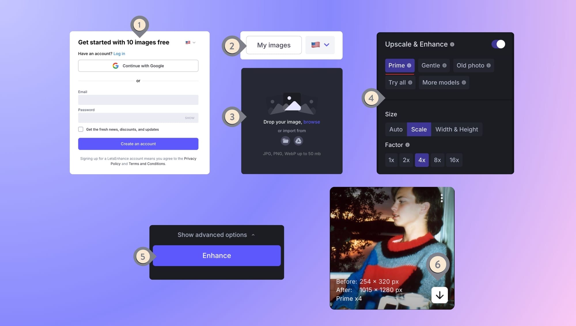 Step by step workflow for restoring and upscaling old photos with LetsEnhance.