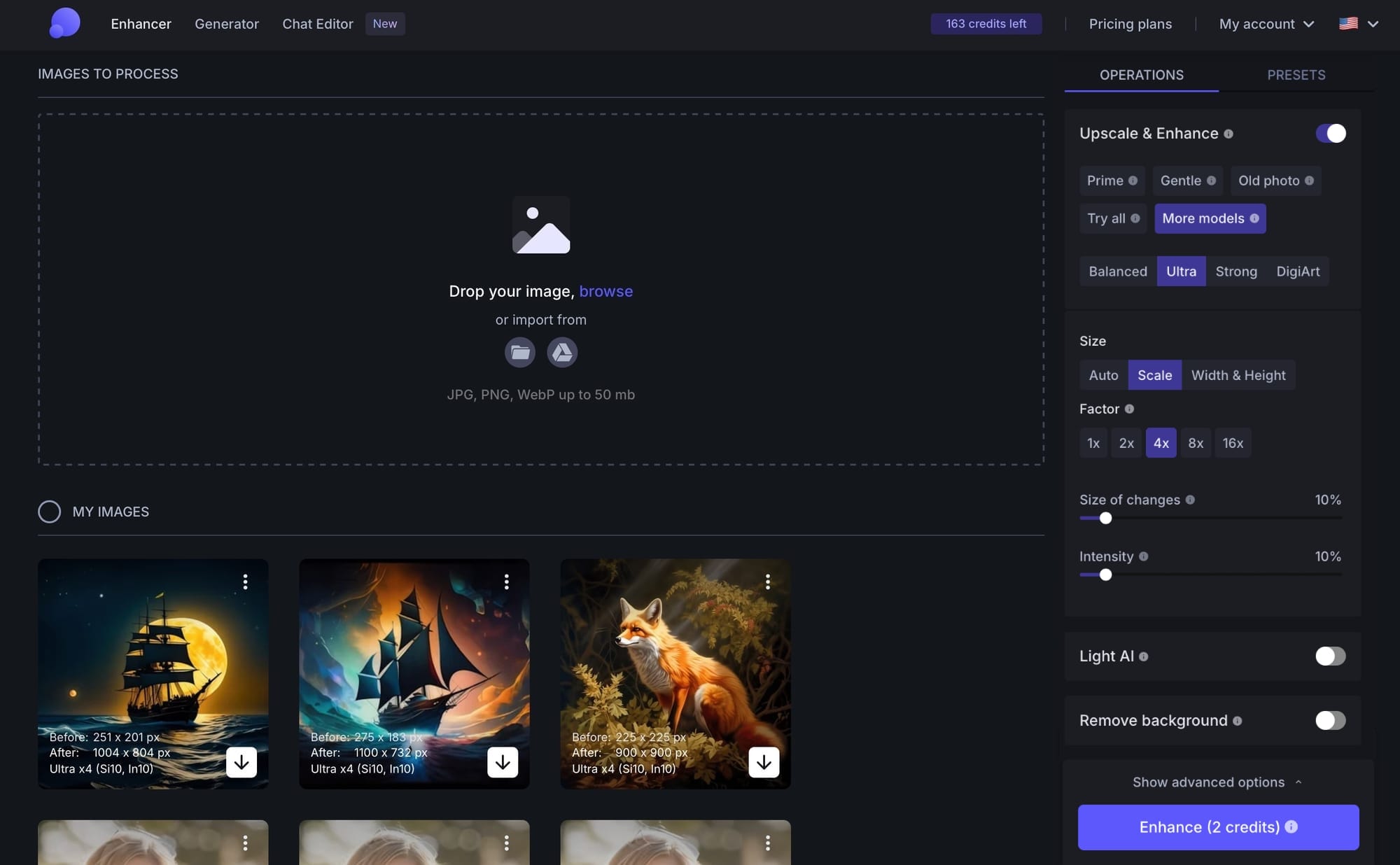 Screenshot of LetsEnhance interface with upscalers and settings