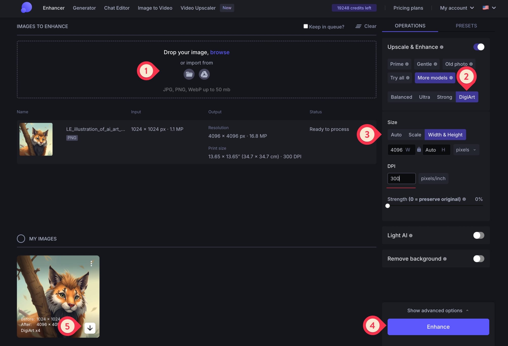 LetsEnhance interface showing AI image upload and enhancement settings