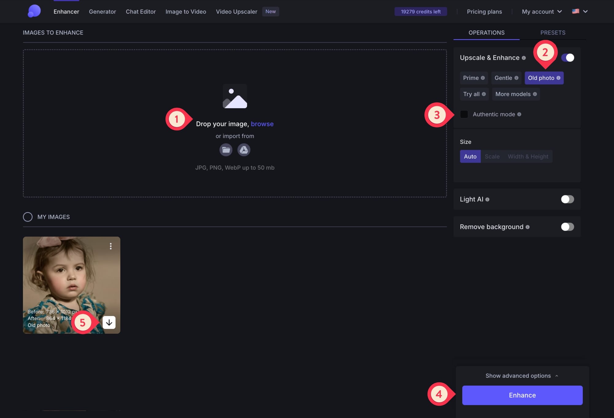 LetsEnhance interface showing upload and enhance options