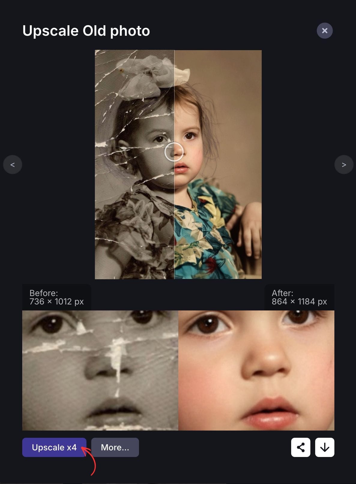 Side by side old photo and upscaled restored version of child portrait