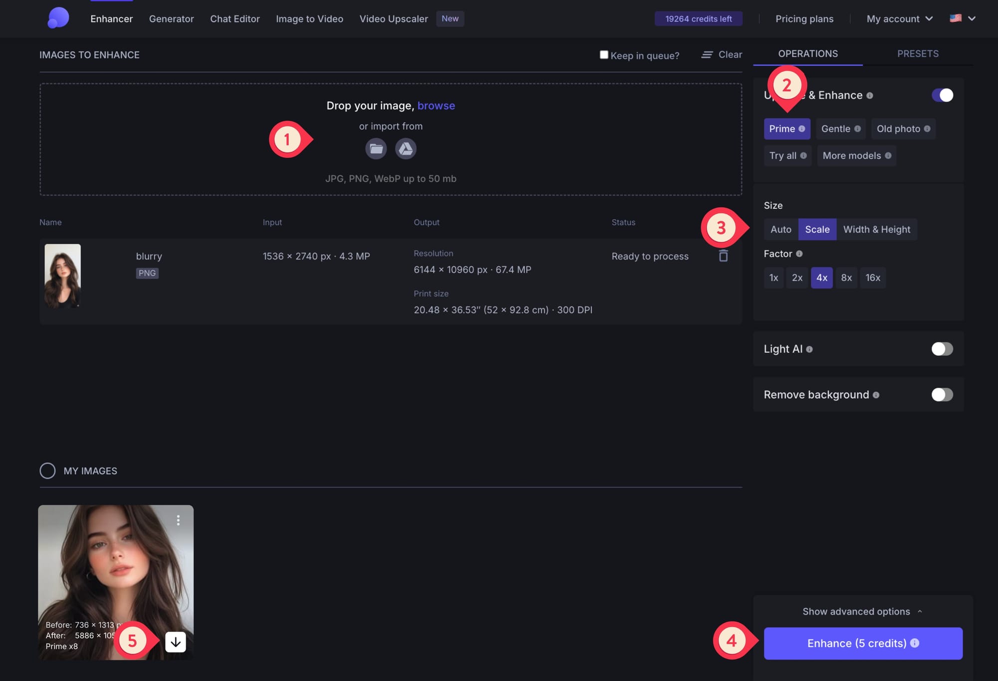 LetsEnhance interface showing upload and enhance steps