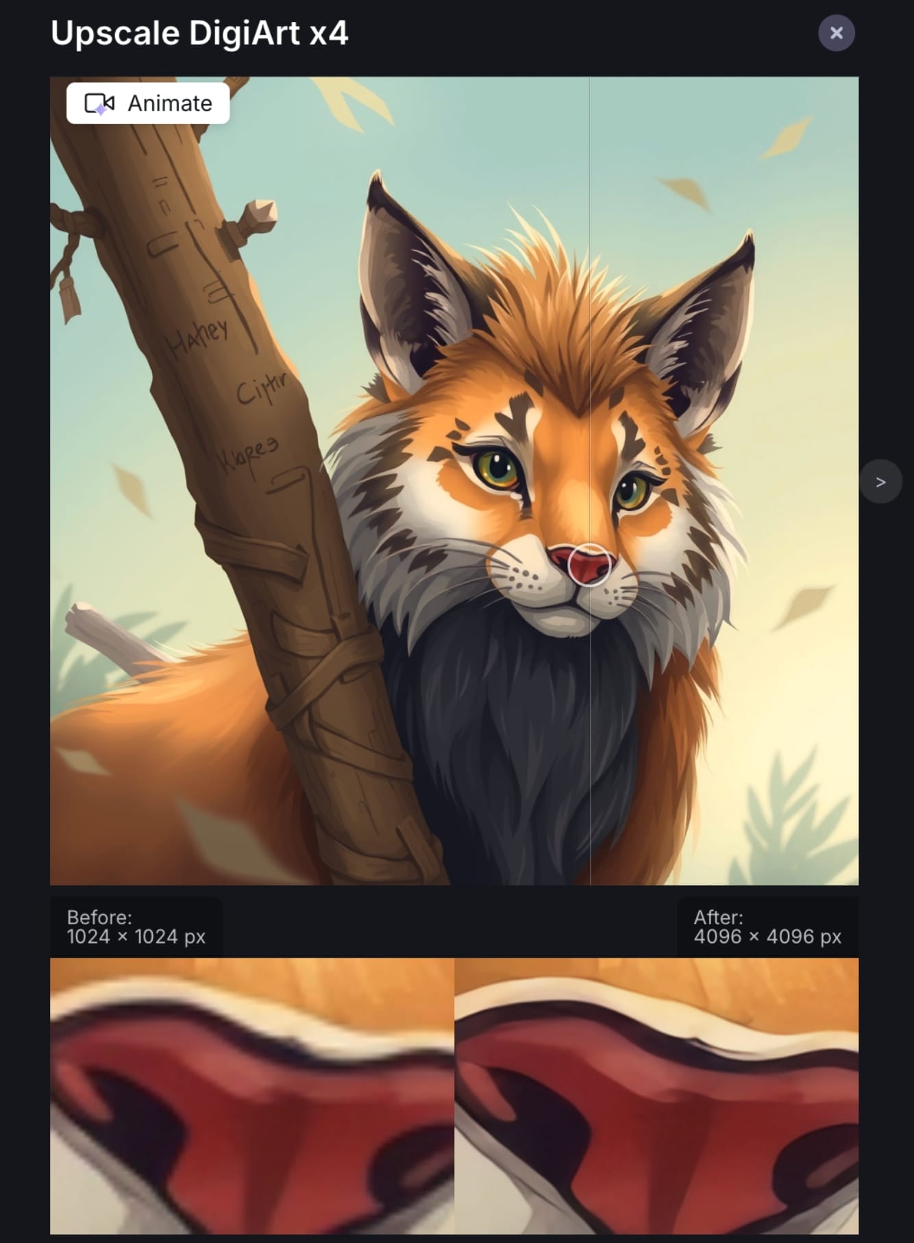 Side-by-side zoom comparison of AI art detail improvement