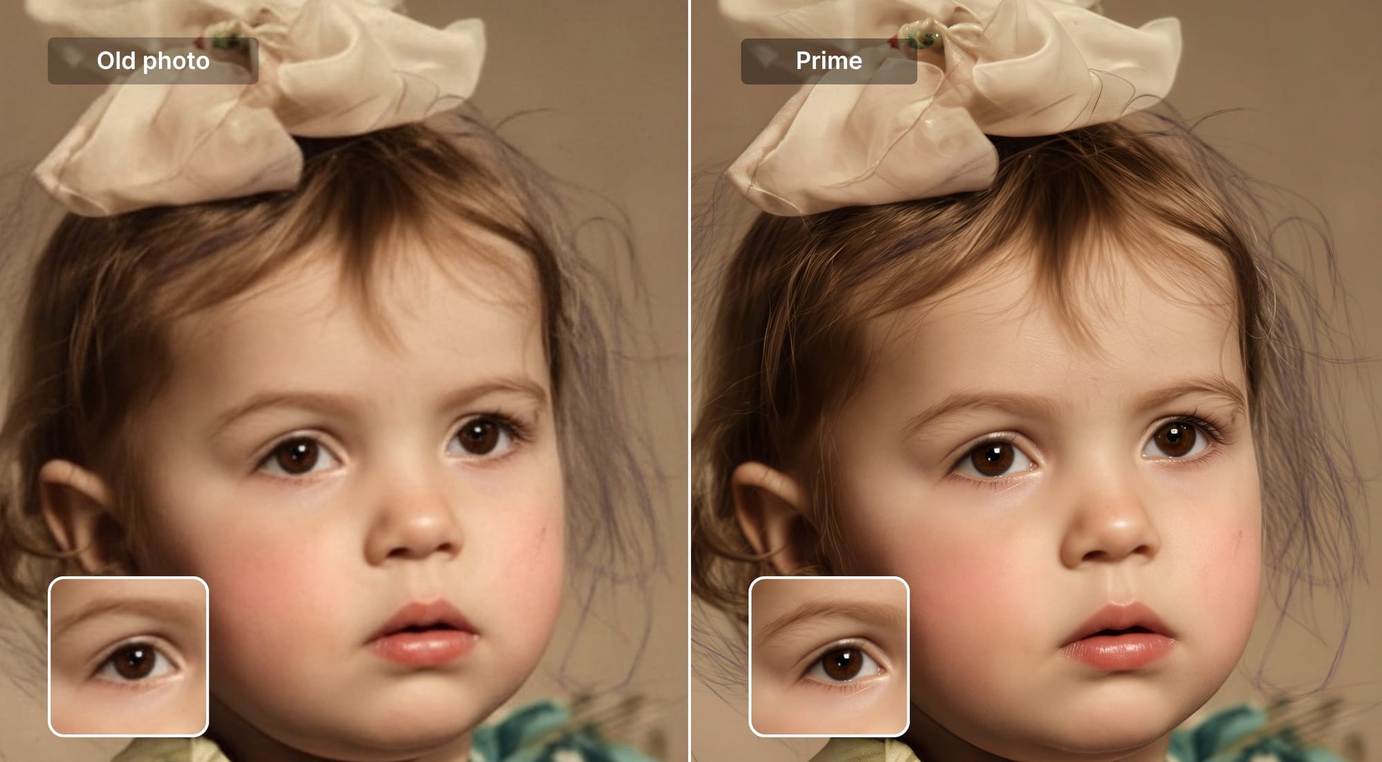 Before and after of a child portrait showing improved facial details after Prime upscaler