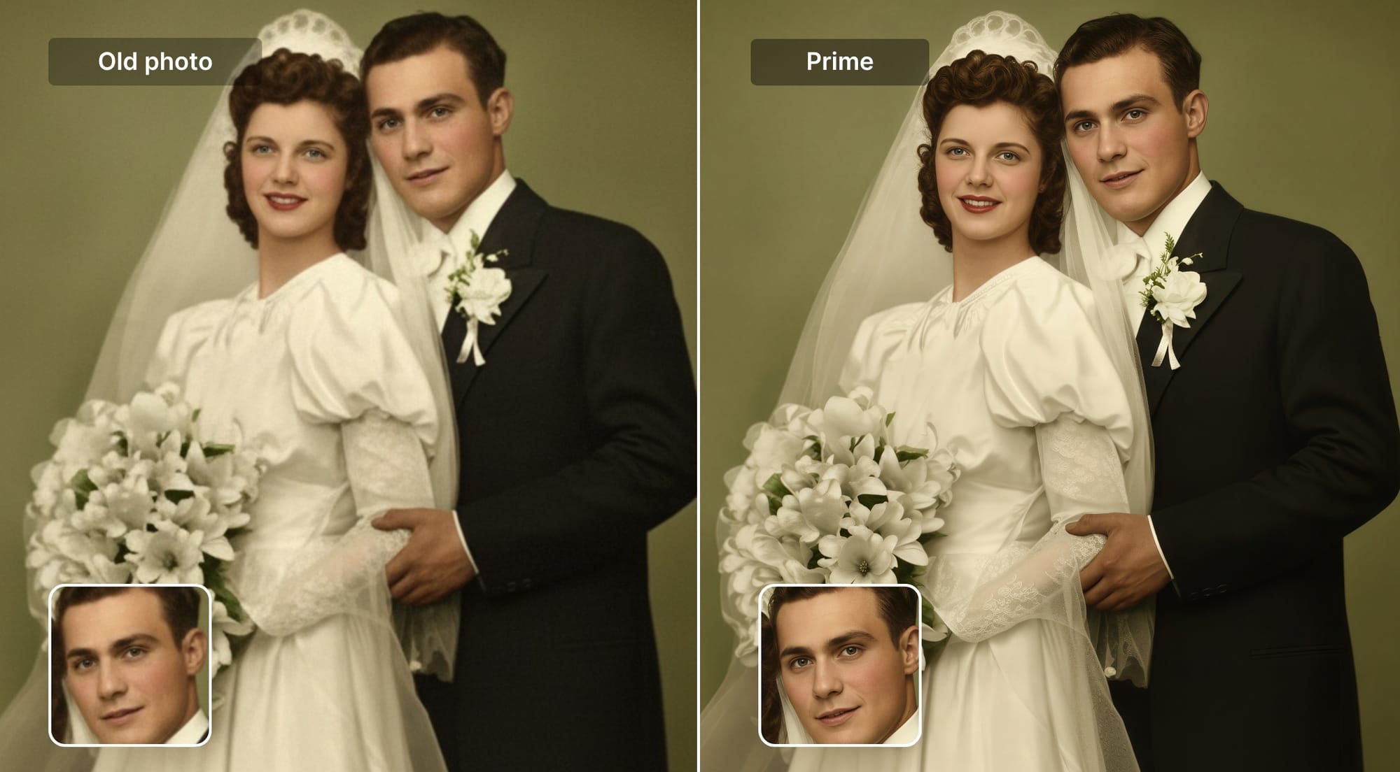 Before and after of wedding portrait showing improved facial details using Prime upscaler