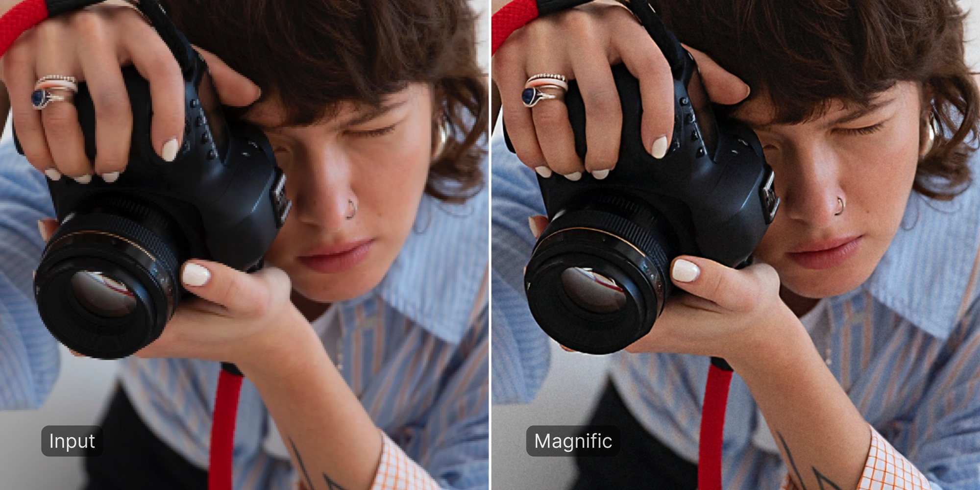 Photographer holding camera before and after Magnific AI upscaling