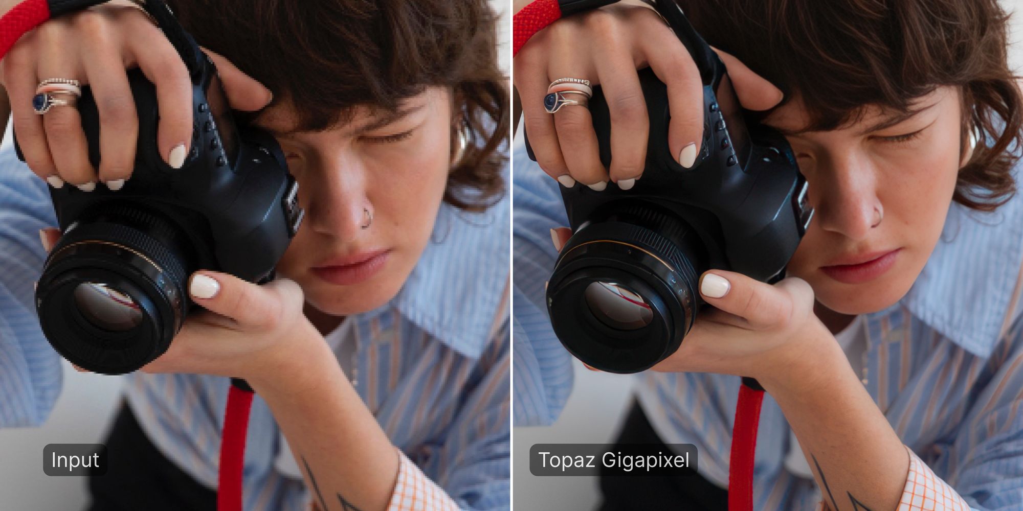 Photographer holding camera before and after Topaz Gigapixel enhancement
