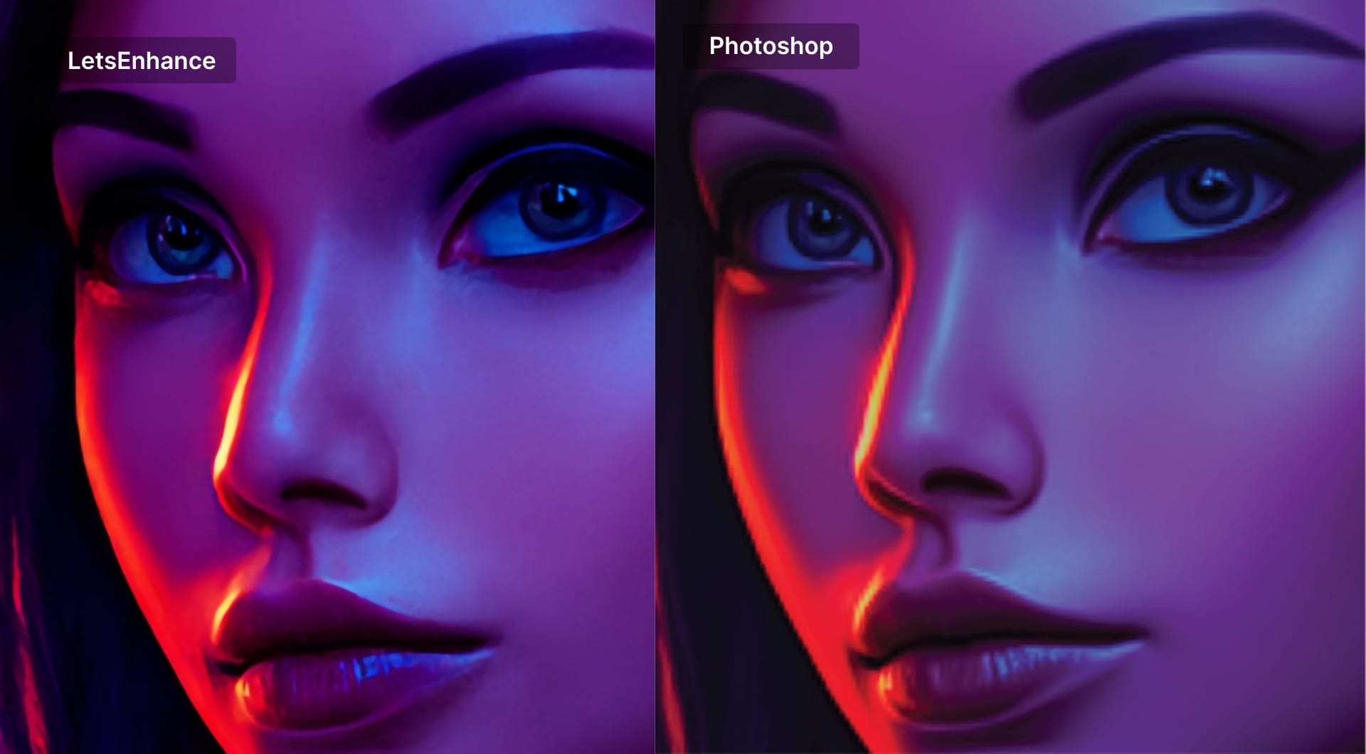 Close-up AI art comparison LetsEnhance versus Photoshop detail quality