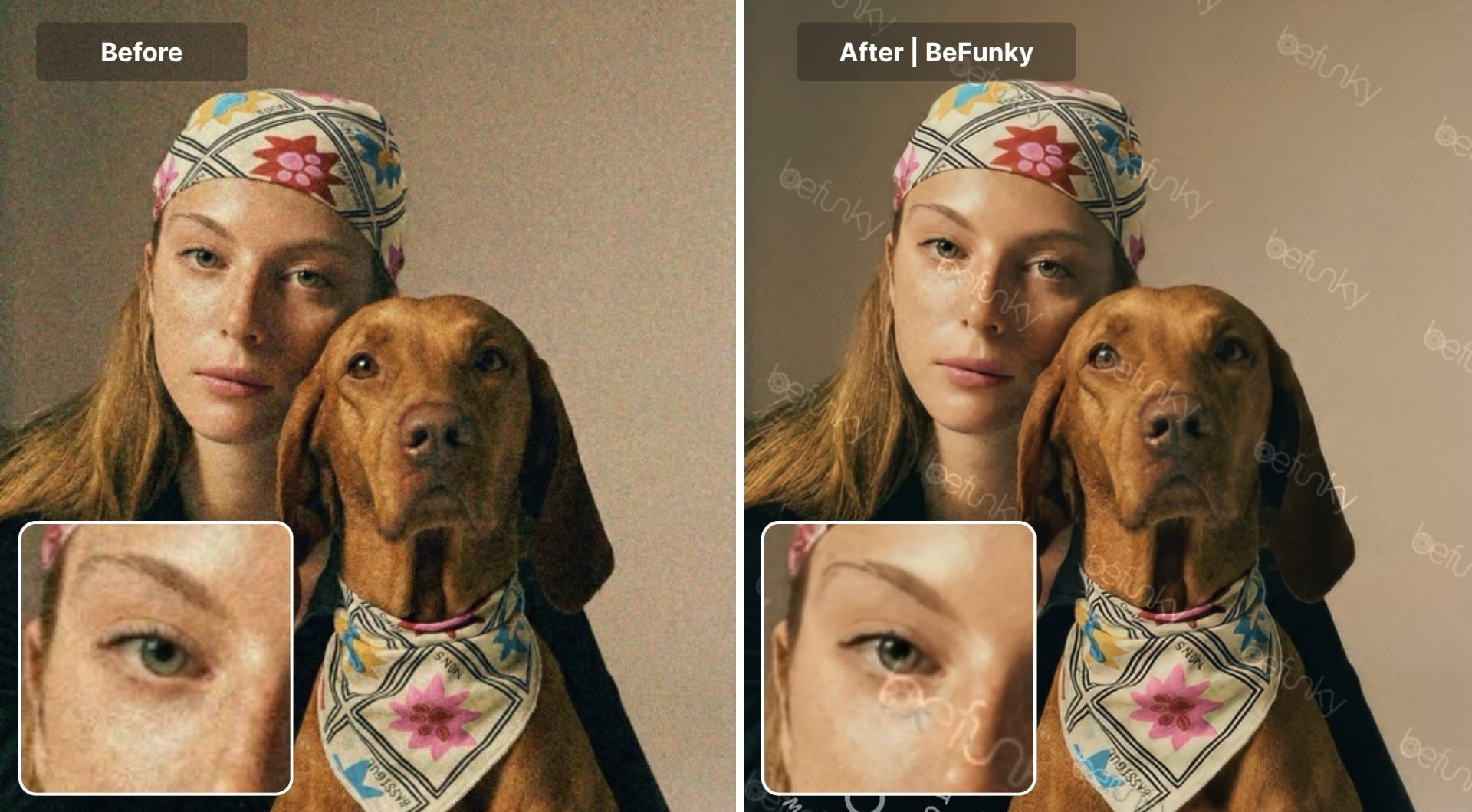 Before and after portrait denoised with BeFunky tool