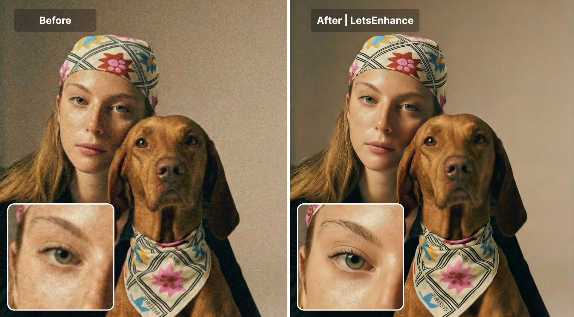 Before and after portrait of woman and dog with reduced noise