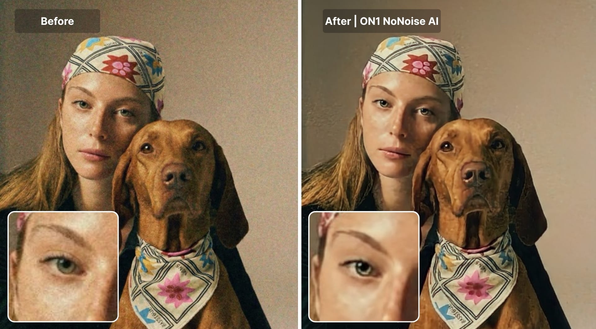 Before and after portrait denoised with ON1 NoNoise AI