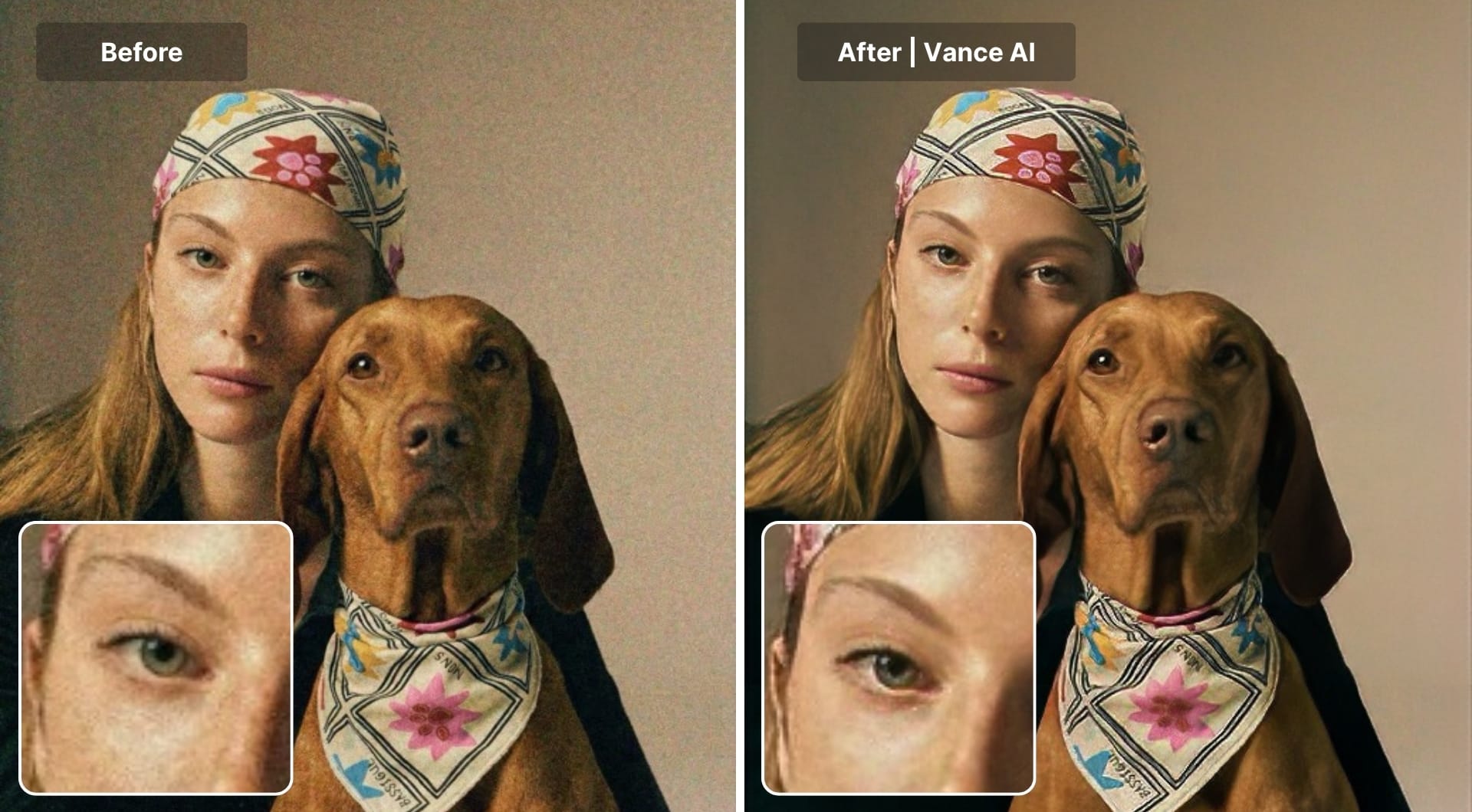 Before and after portrait denoised with VanceAI
