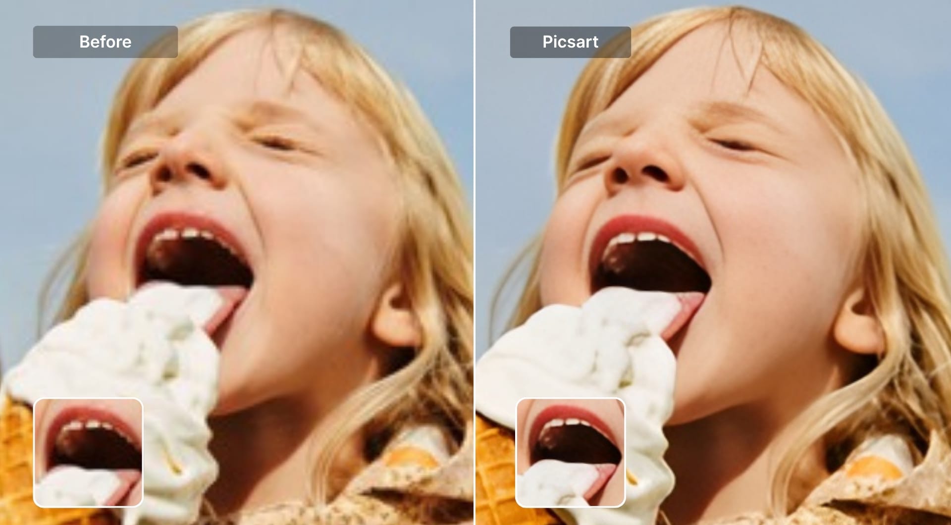Picsart AI upscale with softened edges and slight pixelation