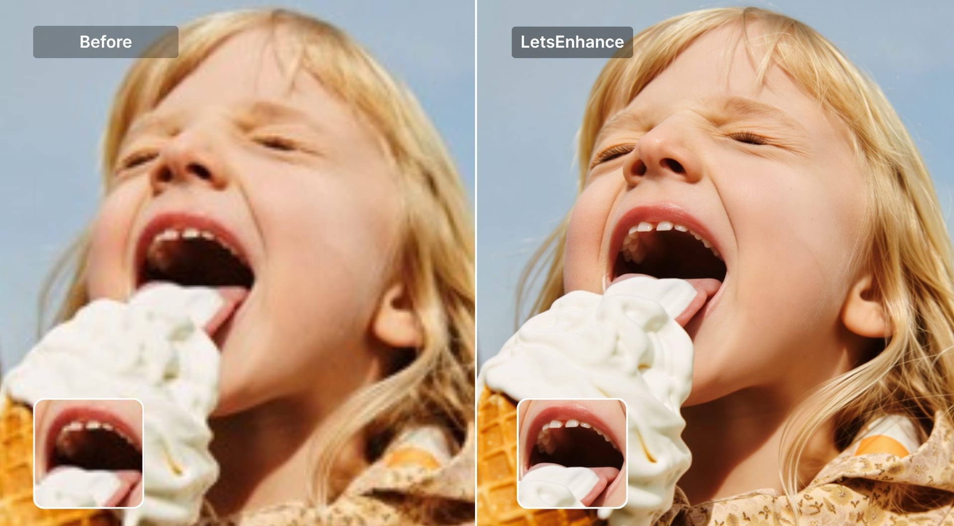 LetsEnhance Prime model restoring detail in child portrait