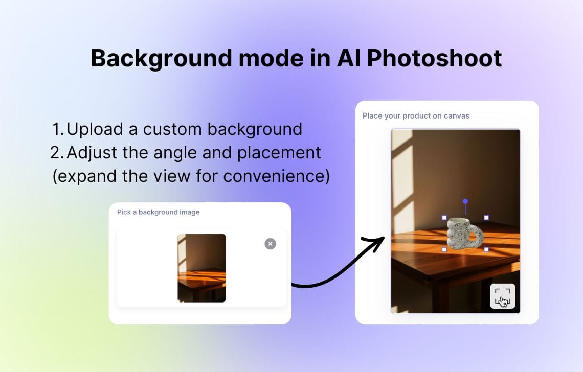 Background mode interface for uploading a backdrop and placing a product