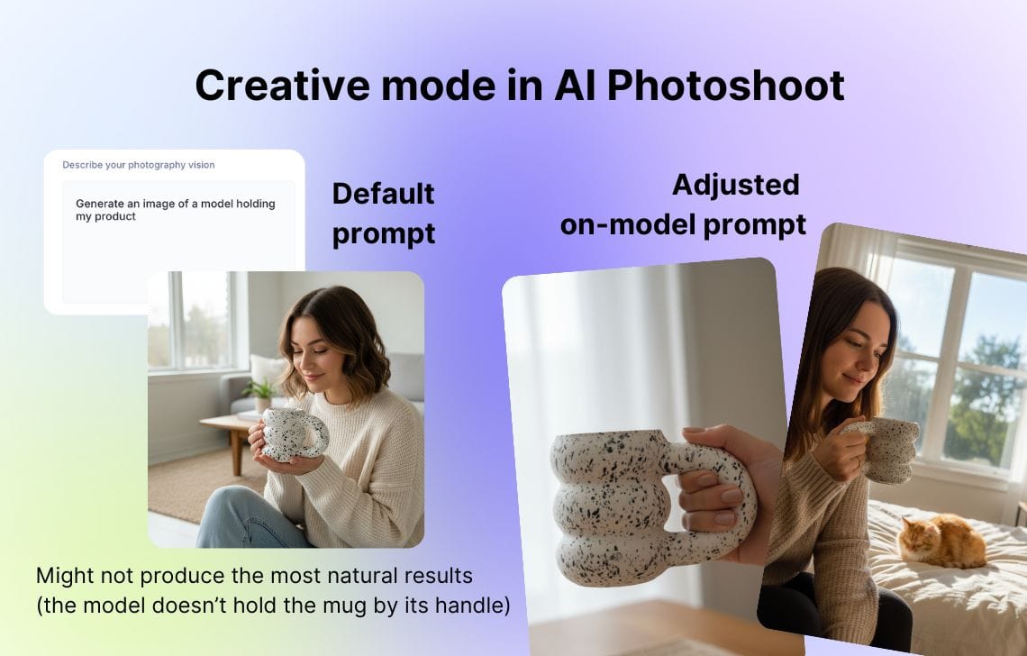 Examples of on-model, styling, and lifestyle product photography conceptsCreative mode examples for on-model, styling, and lifestyle shots