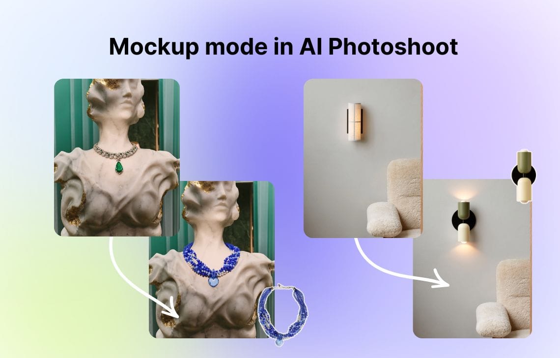 Mockup mode examples swapping products into existing scenes