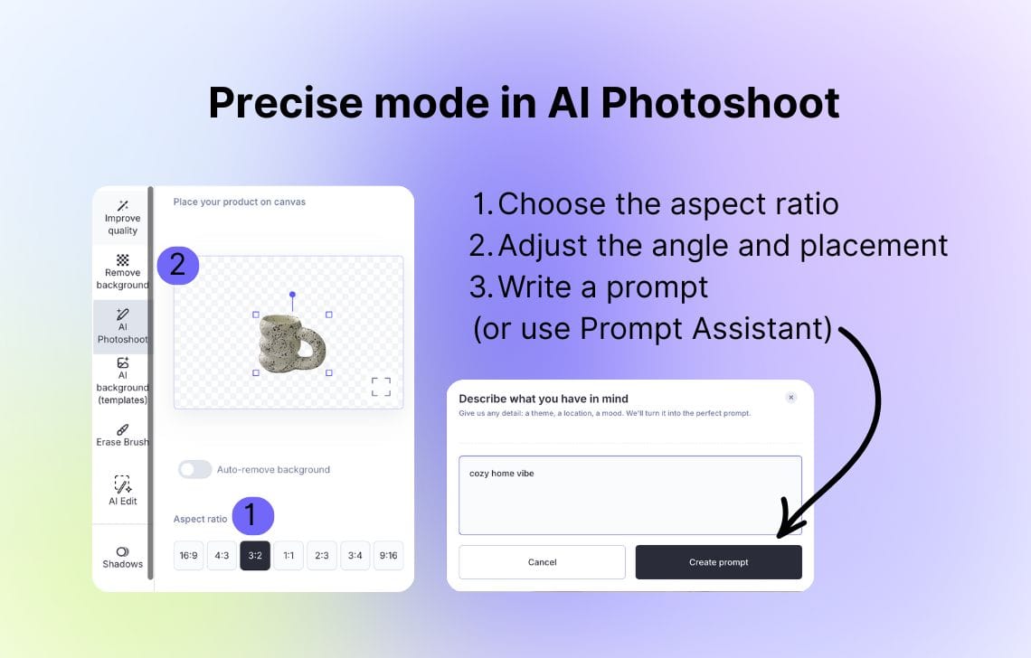Precise mode workflow for aspect ratio, placement, and prompt setup