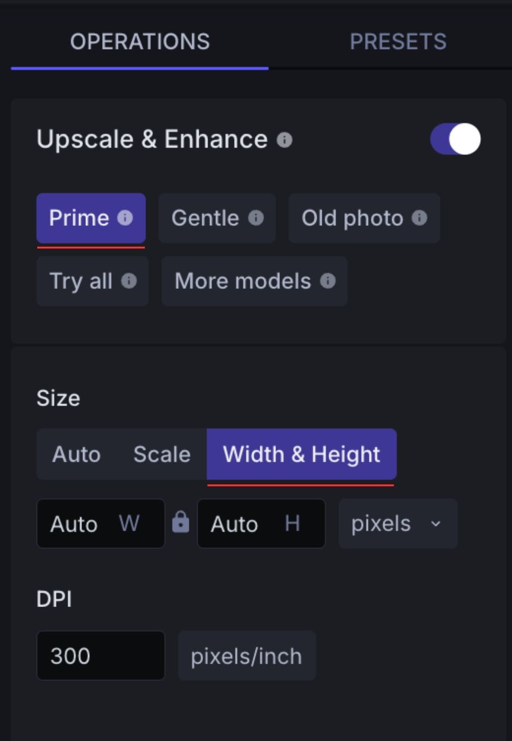 Screenshot of size and DPI settings inside the LetsEnhance upscaling panel.