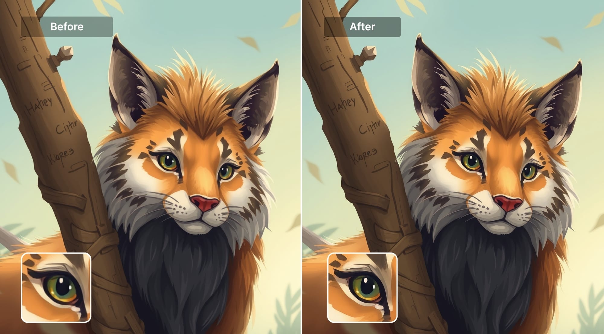 AI illustration of fox before and after 4x upscaling