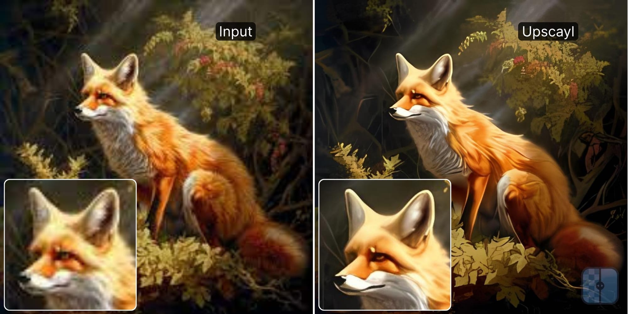 Fox illustration before and after Upscayl enhancement