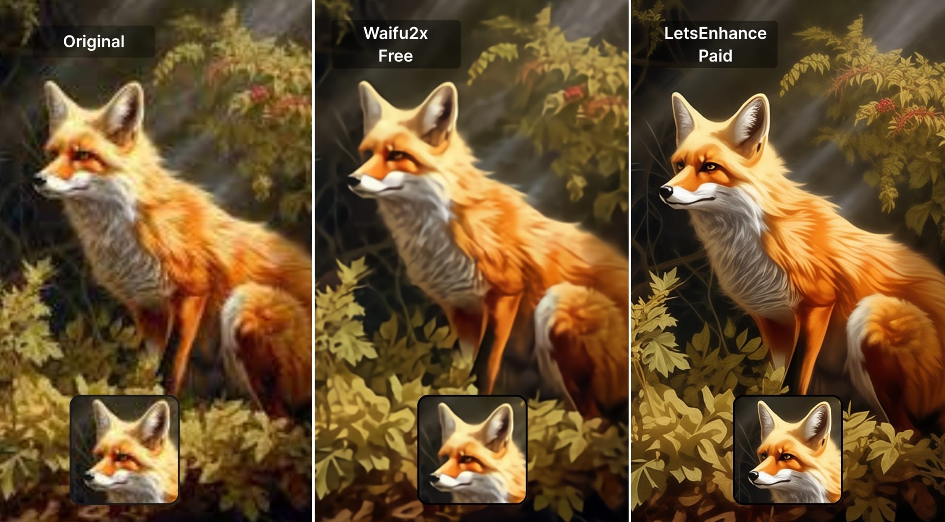 Side-by-side fox image comparing original, free, and paid upscaling