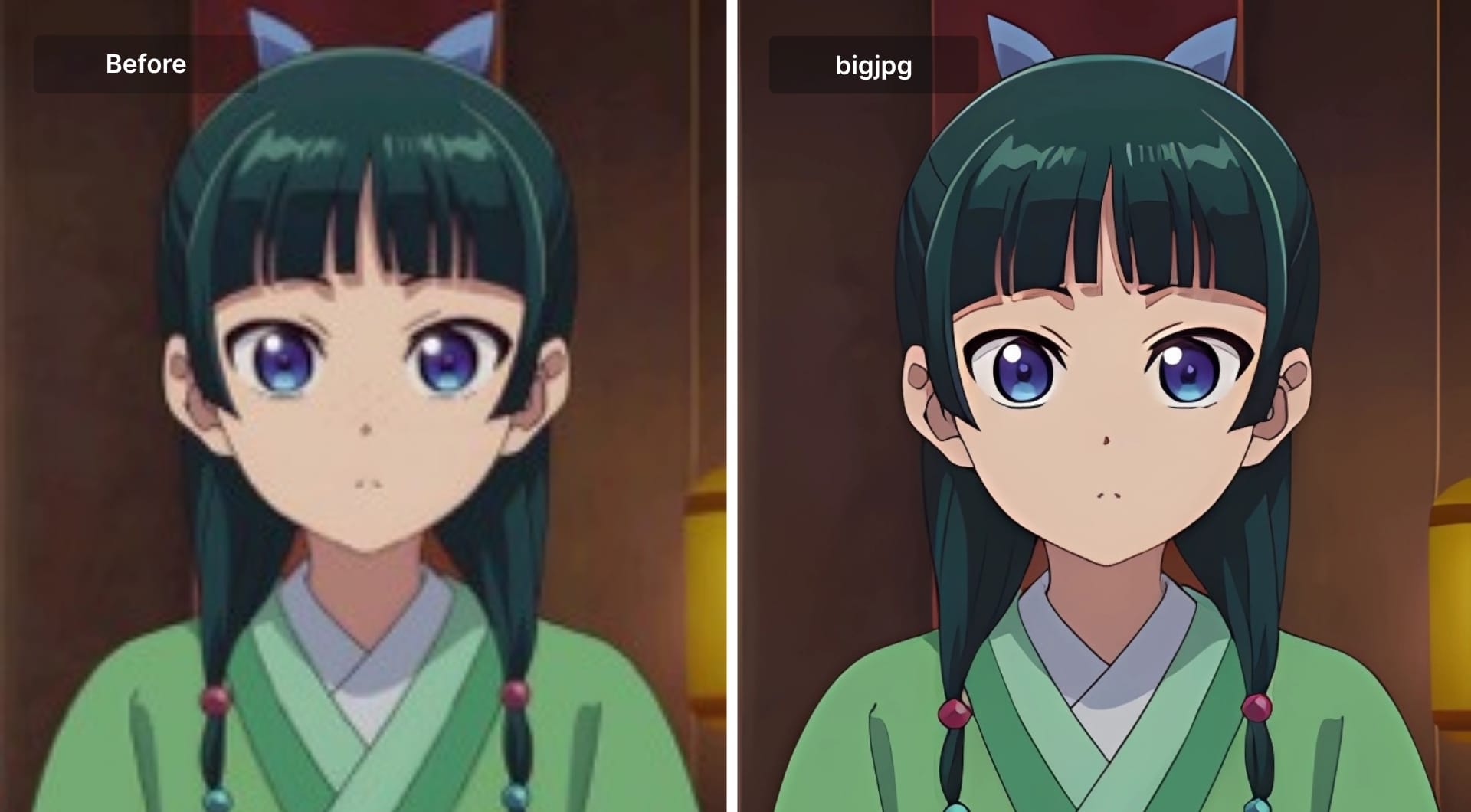 Anime character before and after Bigjpg upscaling with smooth gradients