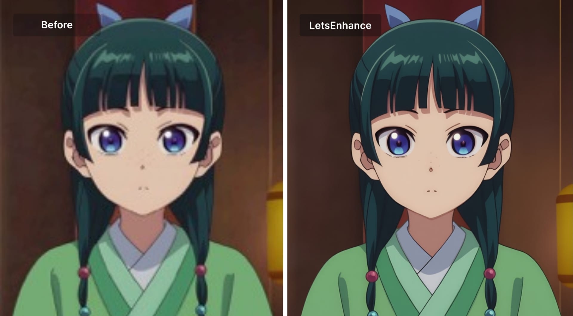 Anime character before and after LetsEnhance upscaling with sharper lines