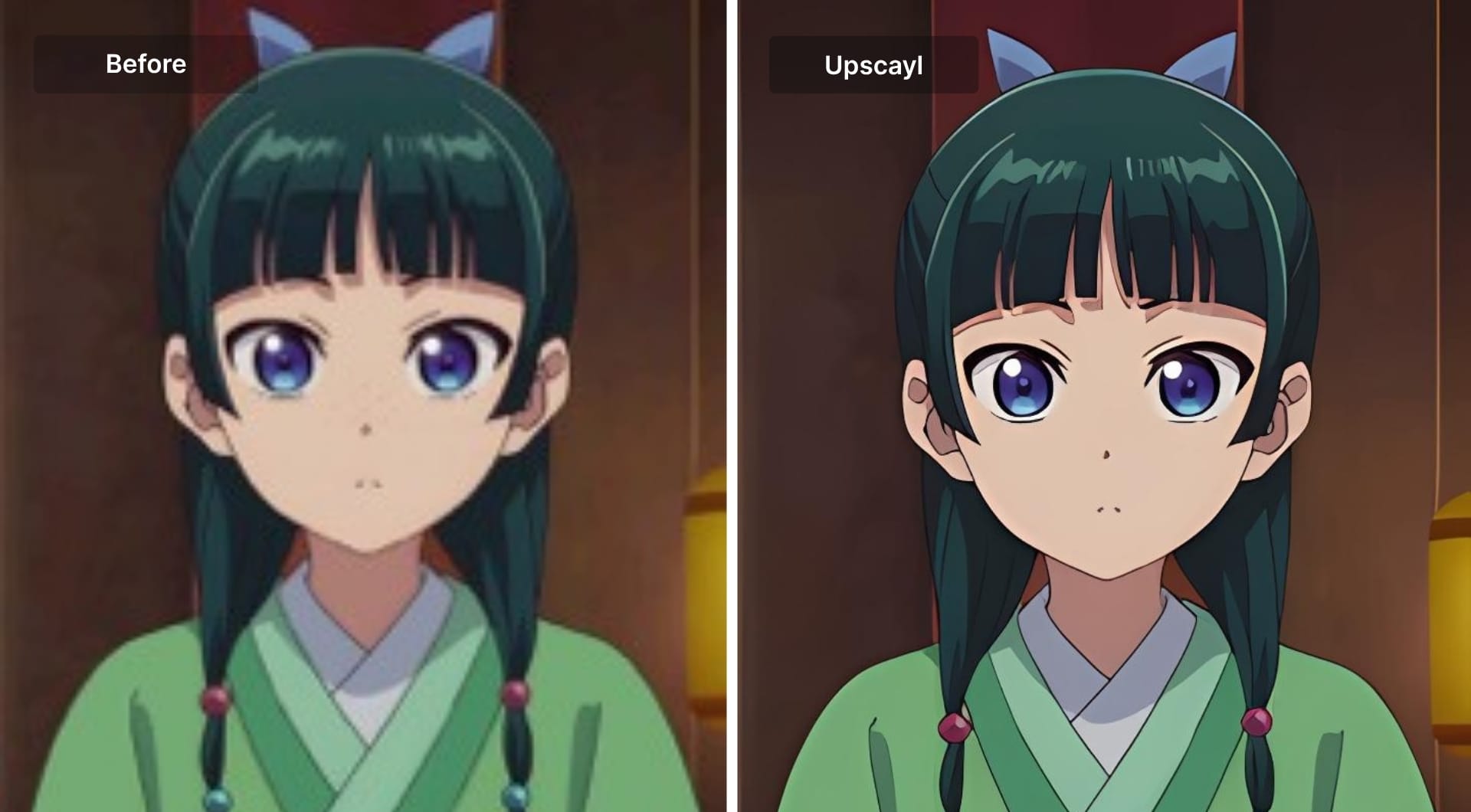 Anime character before and after Upscayl upscaling with improved sharpness