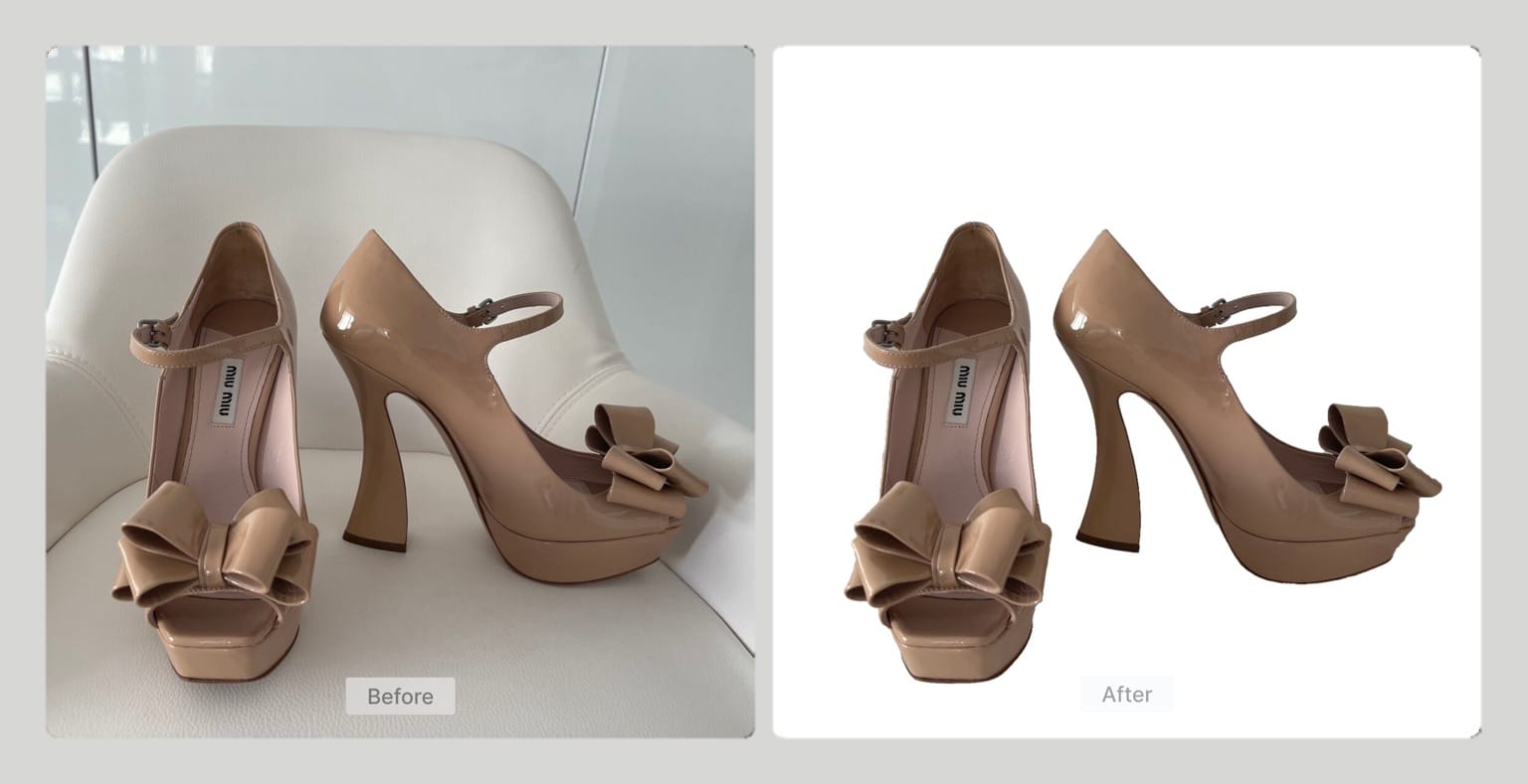 Before and after product photo showing background removed from shoes
