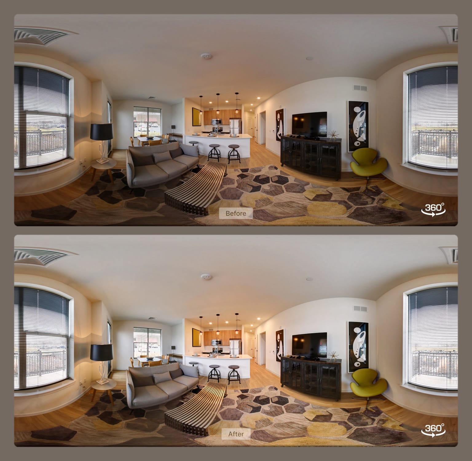 Before and after 360 panorama showing improved stitching and lighting