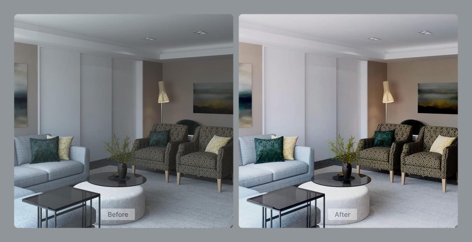 Before and after image demonstrating HDR color correction on interior
