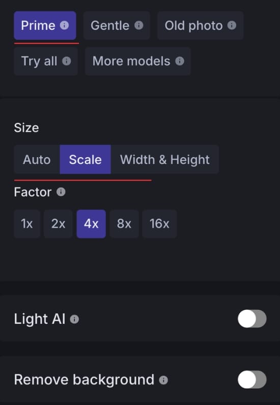 LetsEnhance panel showing available upscaling modes
