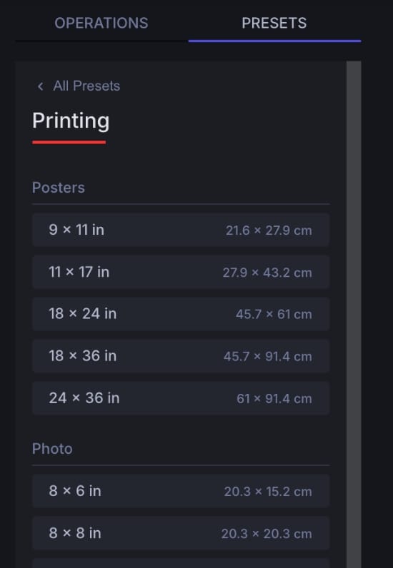 Printing presets menu with poster and photo size options