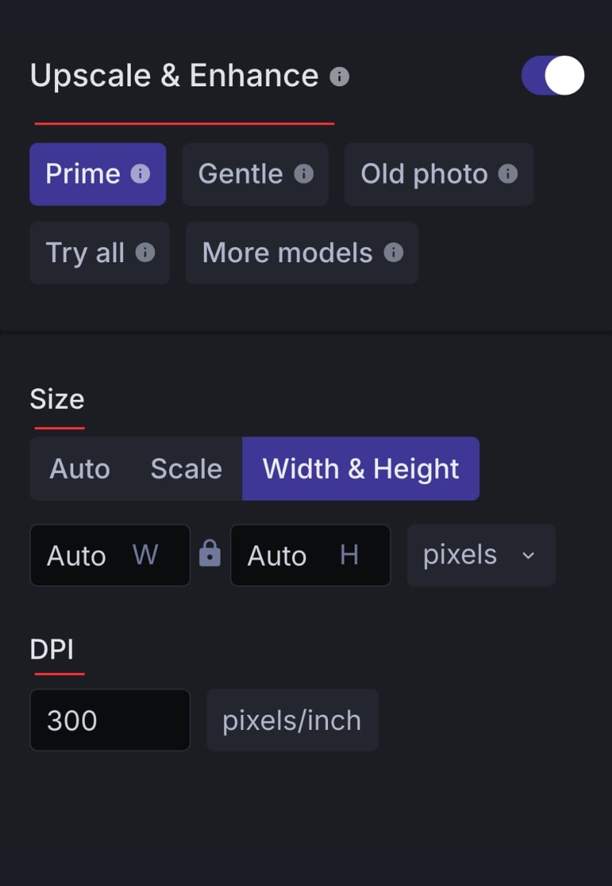 LetsEnhance settings panel showing DPI and resolution options