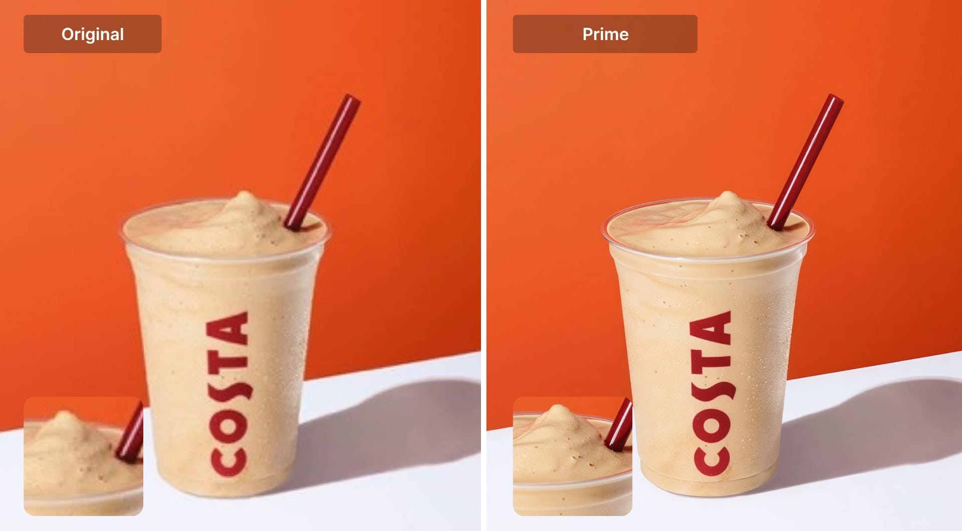 Iced coffee product photo before and after HD enhancement with Prime.