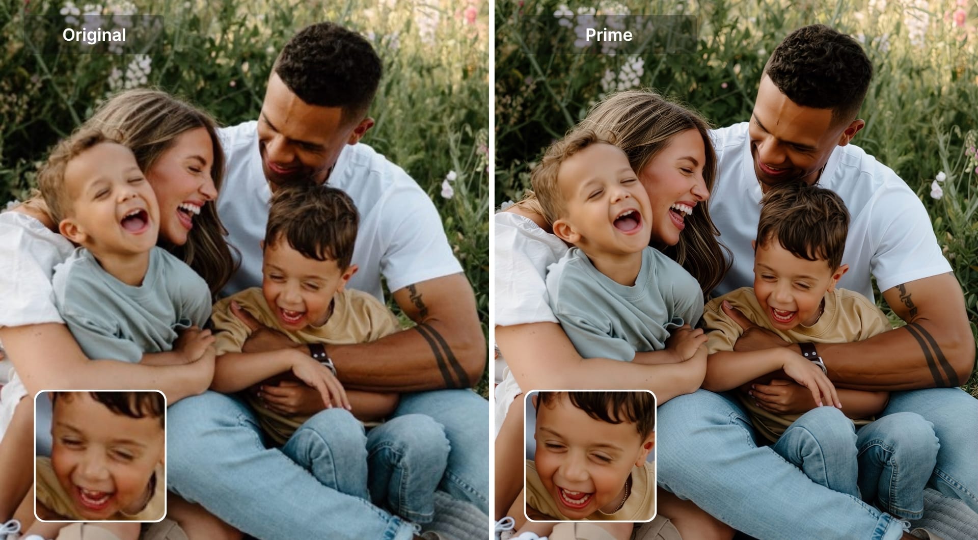 Family portrait shown before and after HD upscaling.