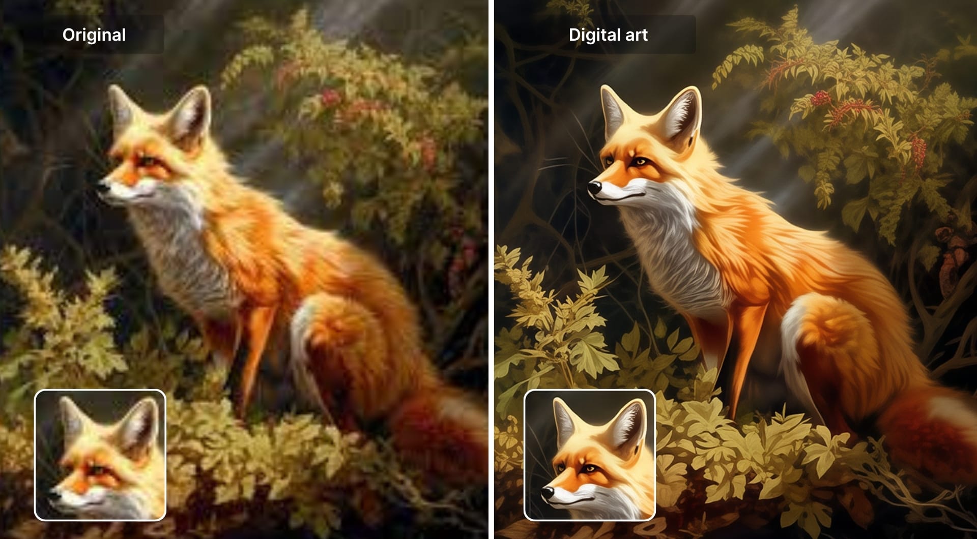 Before after image of pixelated and blurry AI art turned into HD with LetsEnhance