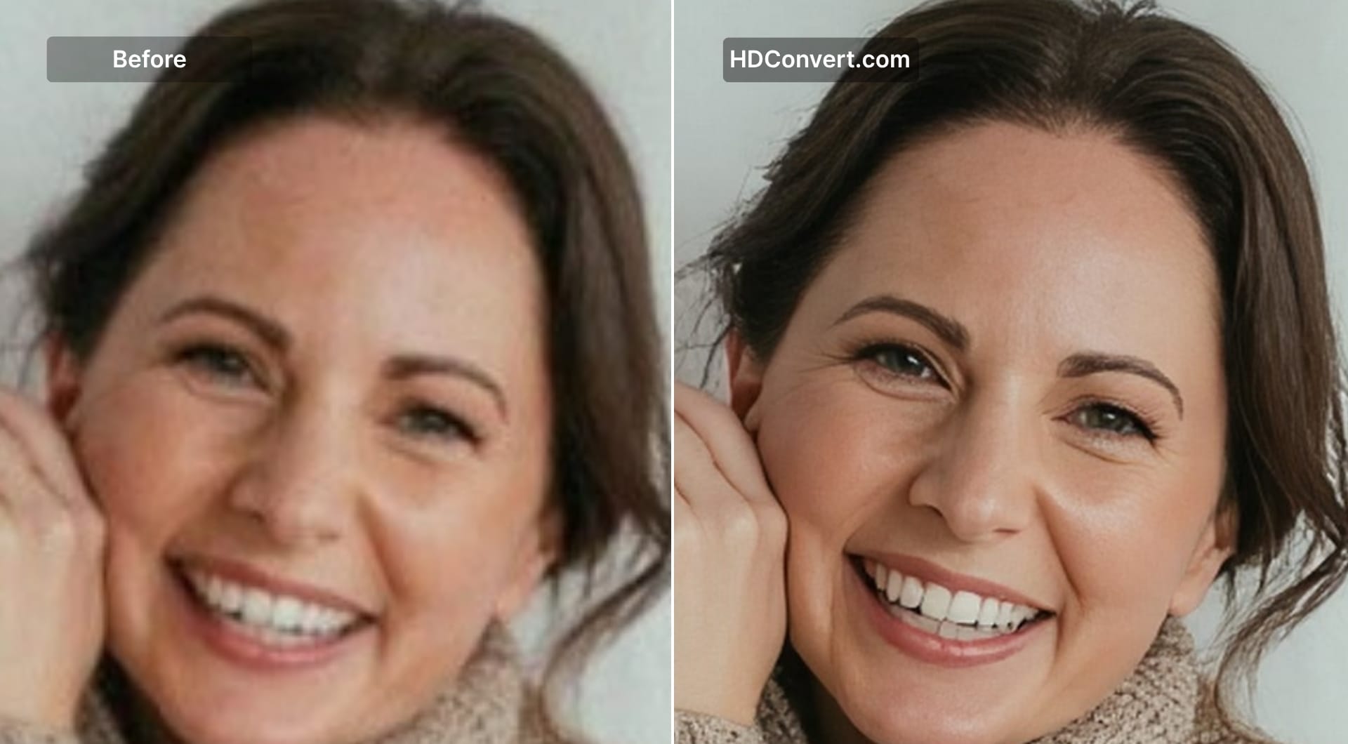 Zoomed portrait comparison showing pixelation after HDConvert