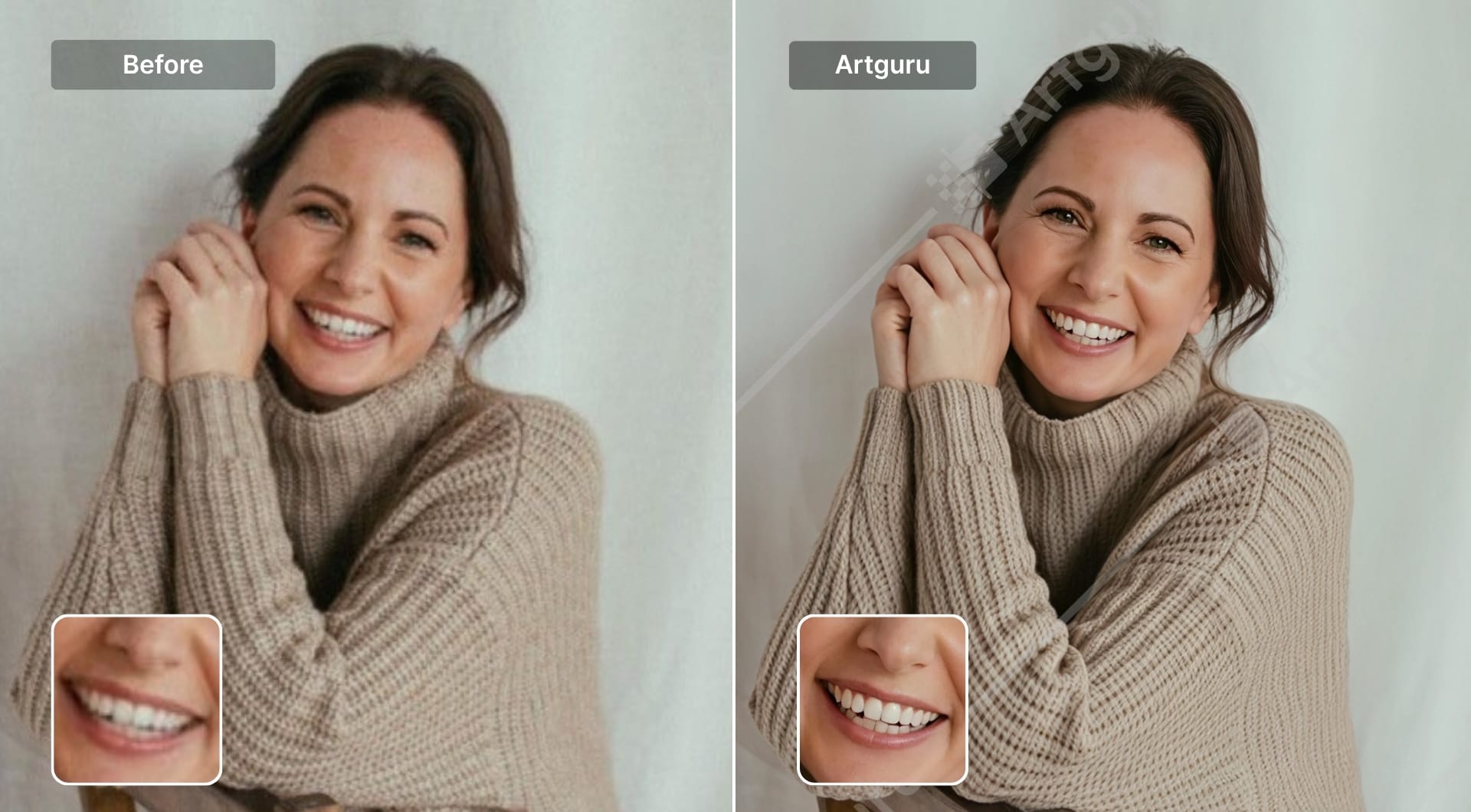 Before and after portrait enhanced with Artguru AI