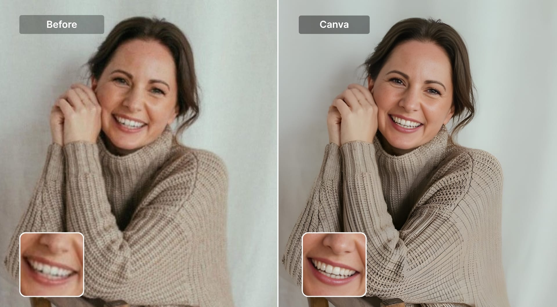 Before and after portrait using Canva HD upscaler