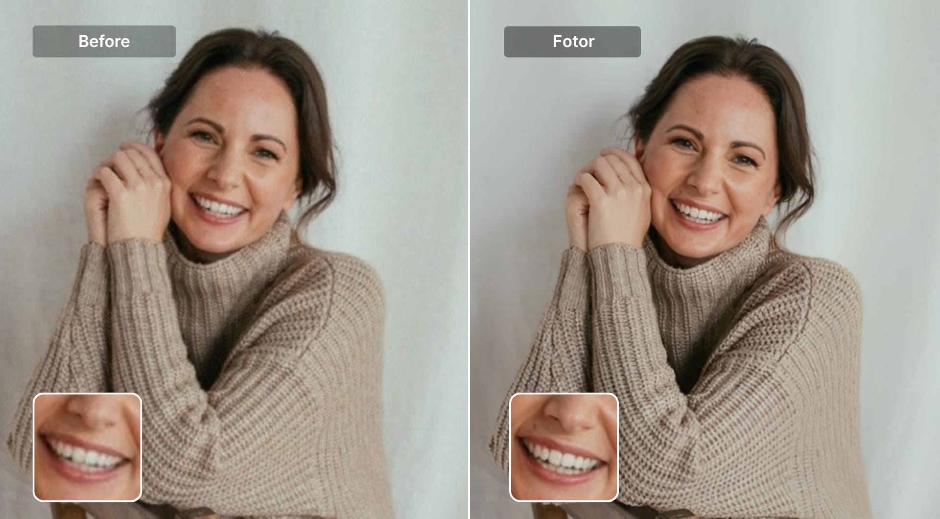 Before and after portrait enhanced with Fotor upscaler