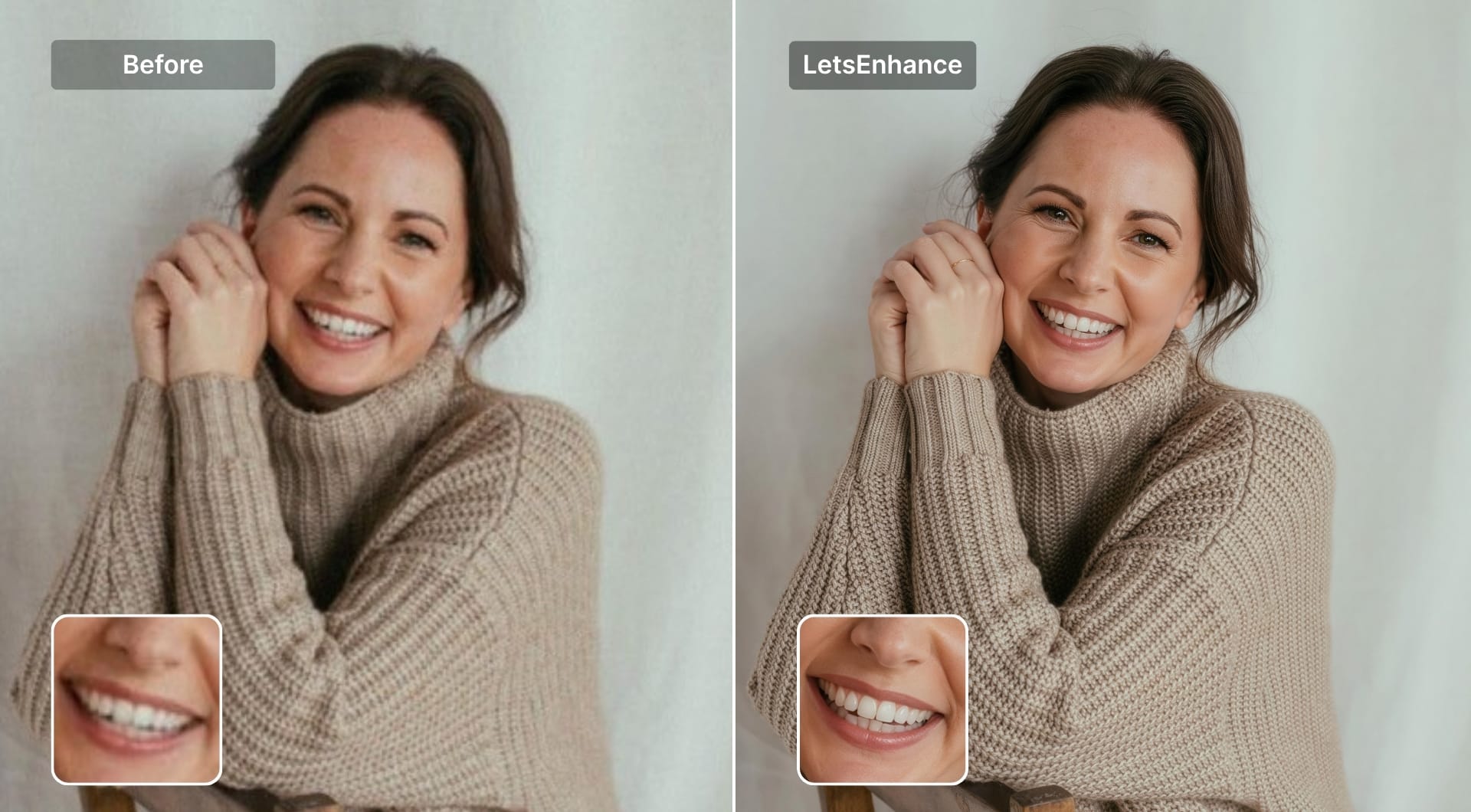 Upscaled portrait of woman in sweater with enhanced detail